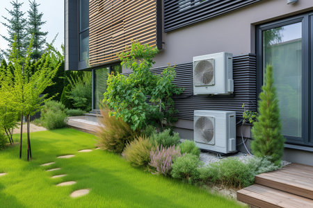 Modern house exterior with air conditioner unit and green landscaping.の素材