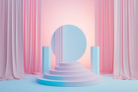 Scene with podium for mock up presentation in minimalism style with pink curtainsの素材
