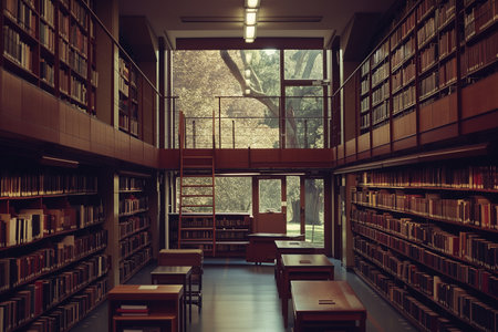 Old library interior with bookshelves and tables.の素材