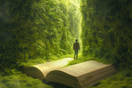 Man with a book in a green forest.の素材