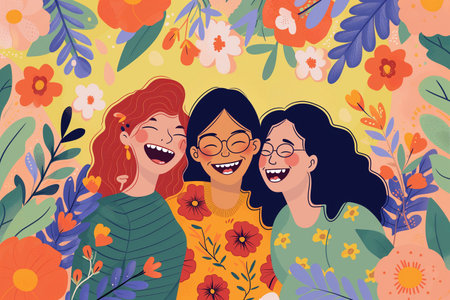 illustration of happy girls with flowers and leaves in cartoon style.の素材