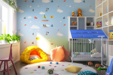 Interior of children's room with crib and toys.の素材