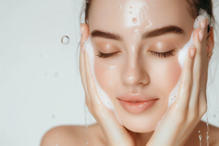 Close up portrait of a beautiful young woman washing her face with soapの素材