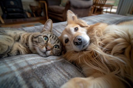 Cute cat and dog lying together on sofa in living room.の素材