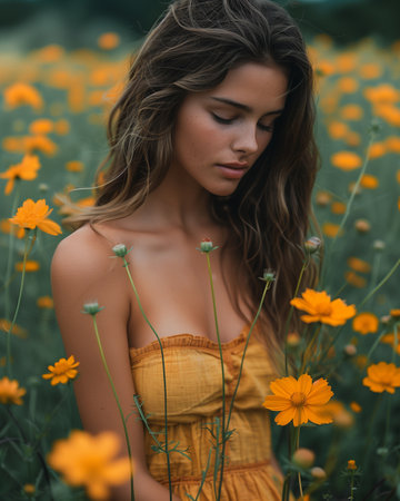 Portrait of a beautiful girl in a field of yellow flowers.の素材
