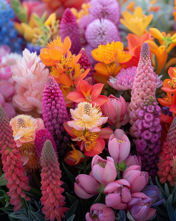 Colorful bouquet of different flowers in a flower shop. Close up.の素材