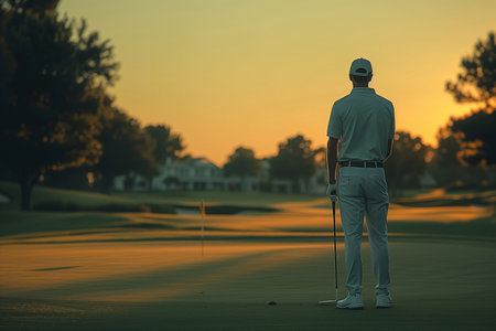 Golfer standing on the golf course with sunset in background.の素材