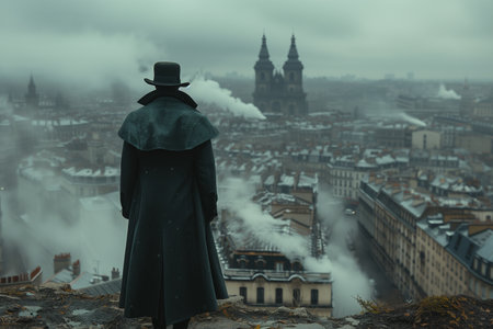 Silhouette of a man in a coat and hat on the background of the cityの素材