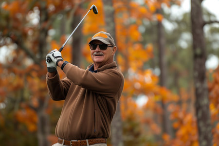 Senior man playing golf in the autumn forest. Image with shallow depth of fieldの素材