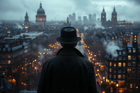 A man in a hat looks at the cityの素材
