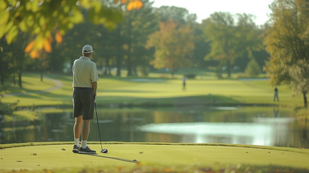 Golfer playing golf on a beautiful golf course in autumn.の素材