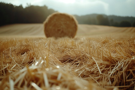 Round straw bales in the field after harvesting.の素材