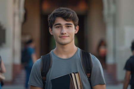Portrait of a handsome young man holding books and looking at cameraの素材
