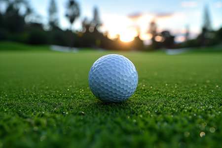 Golf ball on green grass ready to play at golf course with sunset backgroundの素材