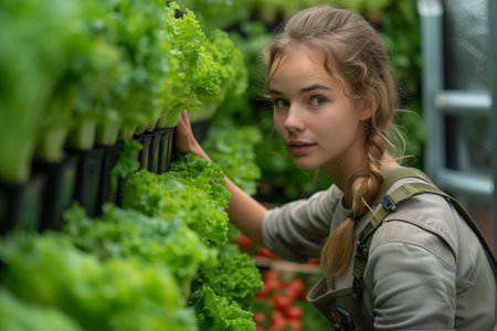 Young woman choosing green lettuce in a greenhouse. Selective focus.の素材