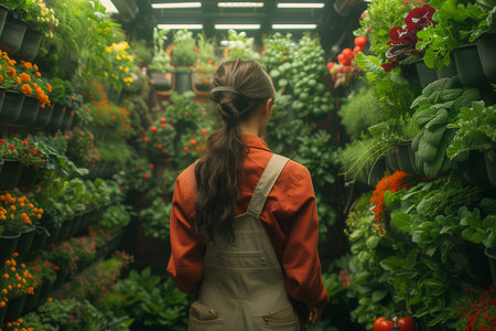 Young woman florist working in a greenhouse. Gardening concept.の素材