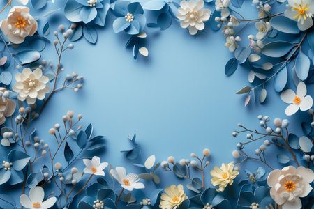 Blue paper flowers with branches and leaves on blue background. 3dの素材