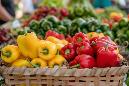 Fresh bell peppers on display at a farmers market in the city.の素材