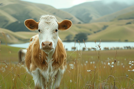 Cattle grazing on a meadow in the mountainsの素材