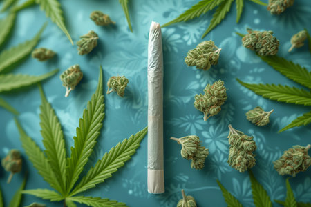 Cannabis buds and marijuana leaves on blue background, top viewの素材