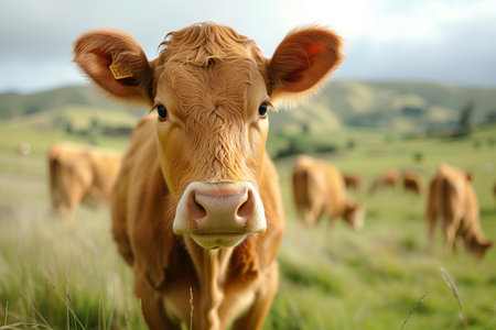 Portrait of a cow on a green meadow in the summerの素材
