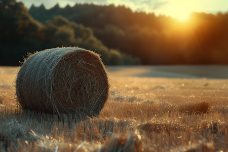 Hay bale on the field in the rays of the setting sunの素材