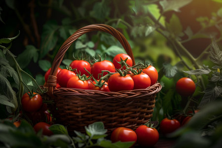 Ripe red tomatoes in a wicker basket on a green backgroundの素材