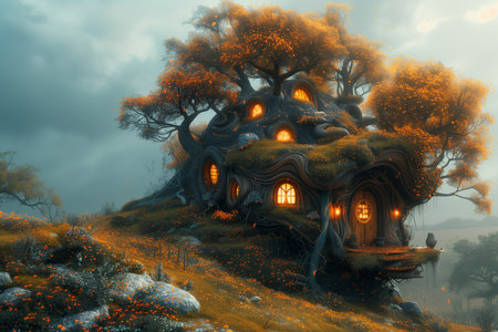 Fantasy landscape with a fantasy house and an old tree.の素材