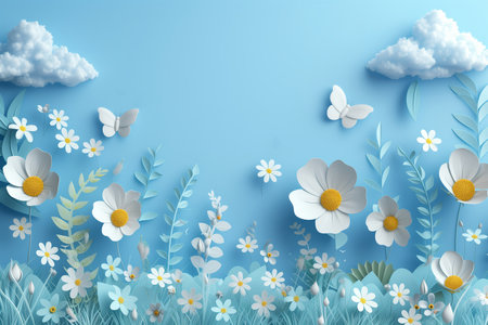 Paper art of white daisies with blue sky and white cloudsの素材