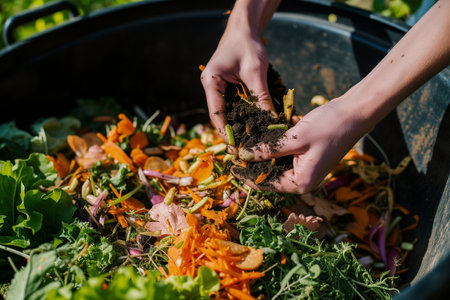 Close-up of woman's hands makes compostの素材