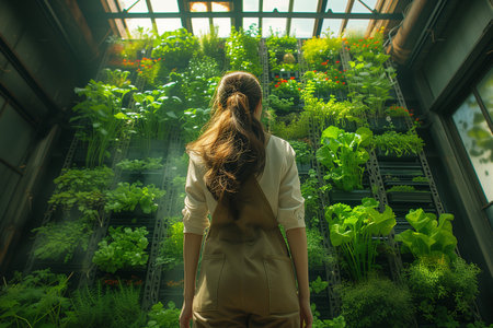 Young beautiful woman working in a greenhouse, looking at the plants.の素材