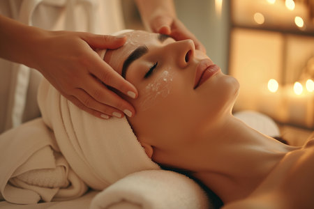 Beautiful young woman receiving facial mask in spa salon, closeupの素材