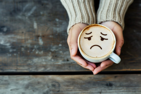 Woman holding a cup of coffee with a sad face on milk foamの素材
