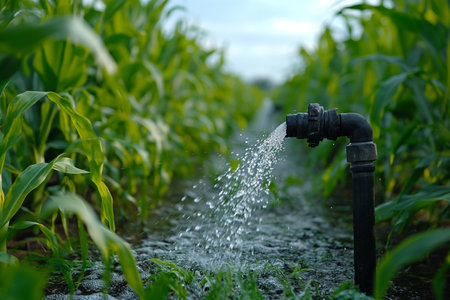 Sprinkler watering corn field. Water sprinkler watering corn fieldの素材