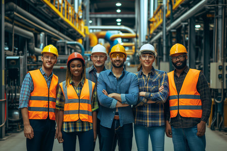 Portrait of confident factory workers standing in the factory. This is a freight transportation and distribution warehouse. Industrial and industrial workers conceptの素材