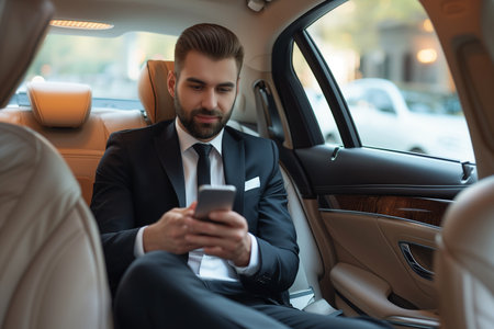 businessman in suit using smartphone while sitting on back seat in carの素材