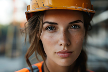 Close-up portrait of a female construction worker in a hardhatの素材
