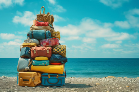 Pile of luggage on the beach with blue sea and sky backgroundの素材