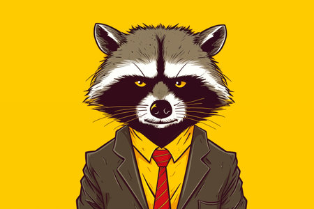 Raccoon in a suit and tie. yellow background.の素材