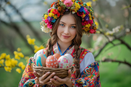 Beautiful young woman with Easter eggs in spring blooming garden.の素材