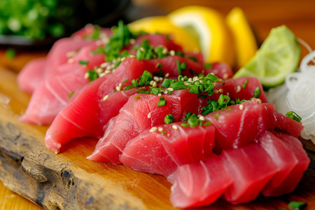 Raw fresh tuna sashimi served on wooden cutting board with lime and herbsの素材