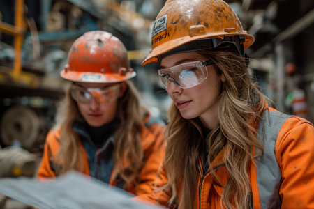 Two young female engineers working in a metallurgical plant. They are wearing safety glasses and helmets.の素材