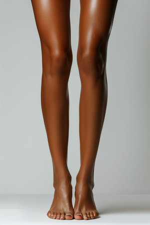 Beautiful female legs on a gray background. Nude skin.の素材