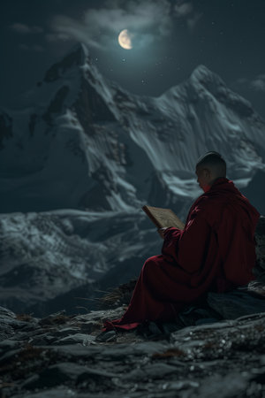 Buddhist monk reading a book in the mountains at night.の素材