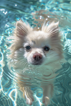 White chihuahua swimming in the swimming pool with blue waterの素材