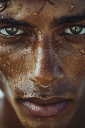 Close-up portrait of a beautiful young African-American woman with wet face.の素材