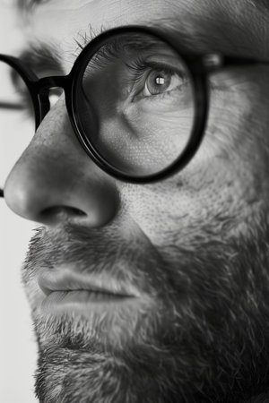 Closeup portrait of a man with a beard and glasses. Black and white.の素材