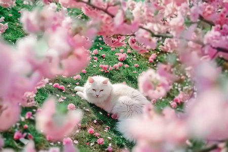 White cat lying on green grass with pink blooming sakura flowersの素材