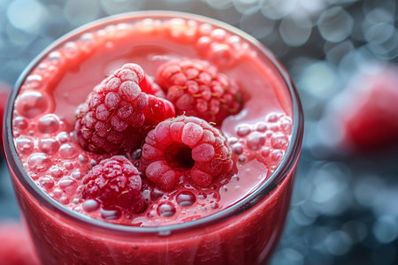 Raspberry smoothie in a glass with fresh raspberries.の素材