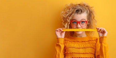 Portrait of a beautiful girl in glasses with a ruler on a yellow backgroundの素材